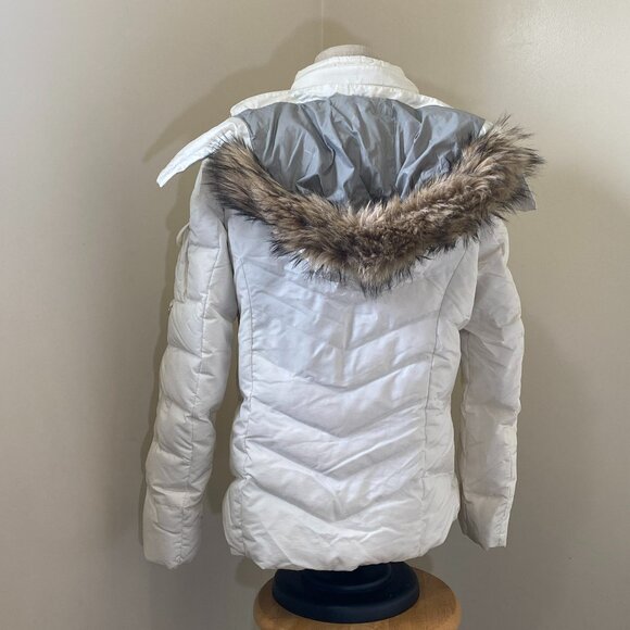 White "Eddie Bauer" Down jacket, removable hood with faux fur trim - Picture 6 of 16